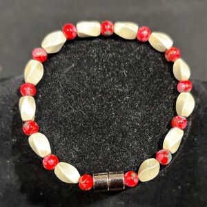 Elegant Handmade Magnetic Red and Cream Beaded Bracelet #9